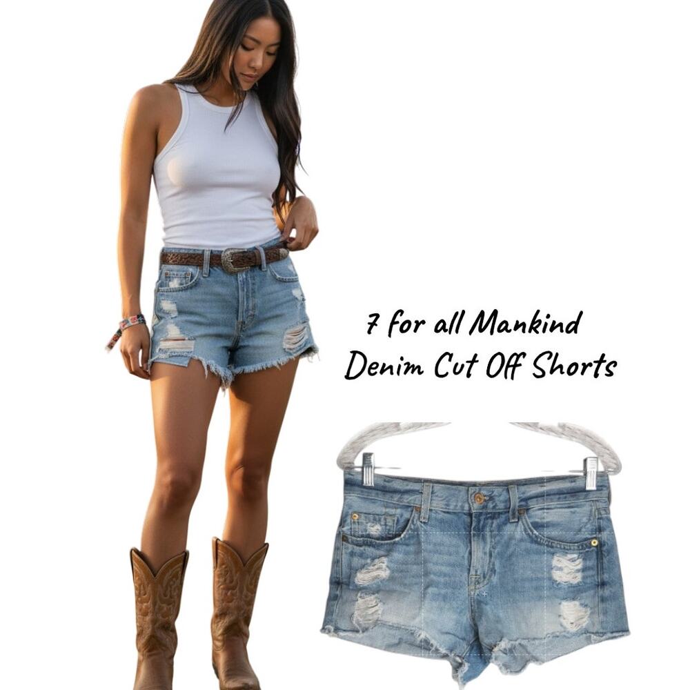 7 For All Mankind Denim Shorts Cut Off Jean Shorts, Blue Size 26 Waist (Sz 4)